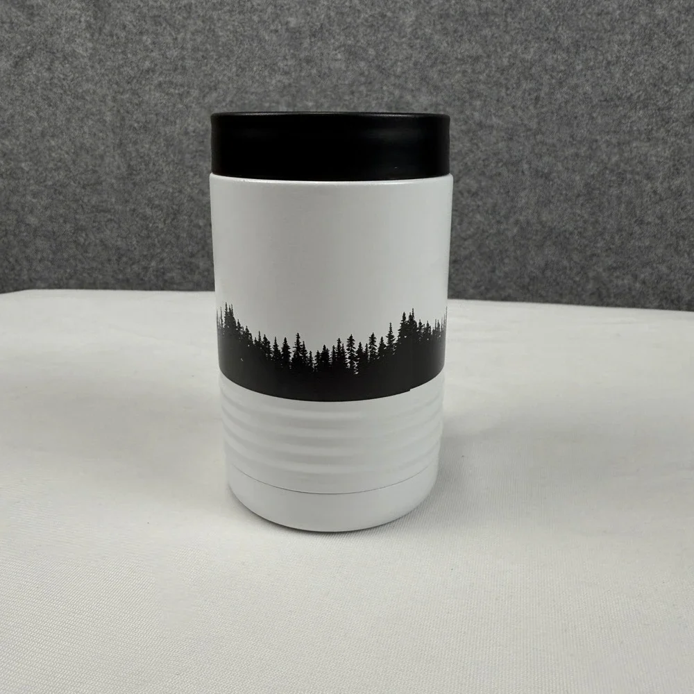New York Bigfoot Sasquatch Pine Forest Insulated Can Cooler White Stainless 12oz